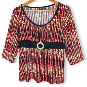 AB Studio Red Gold Black Faux Belt Polkadot Circles Blouse Italian Mob Wife Sz L